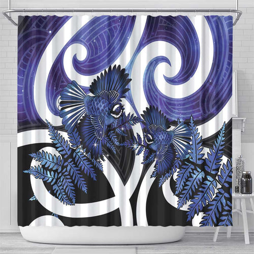 Piwakawaka New Zealand Matariki Shower Curtain Maori New Year Silver Fern Purple Galaxy