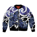 Piwakawaka New Zealand Matariki Sleeve Zip Bomber Jacket Maori New Year Silver Fern Purple Galaxy