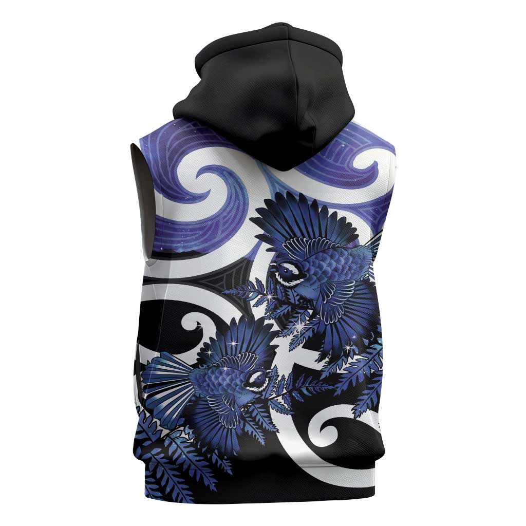 Piwakawaka New Zealand Matariki Sleeveless Hoodie Maori New Year Silver Fern Purple Galaxy