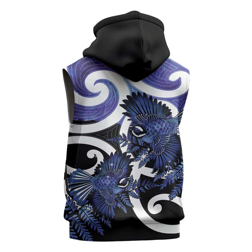 Piwakawaka New Zealand Matariki Sleeveless Hoodie Maori New Year Silver Fern Purple Galaxy