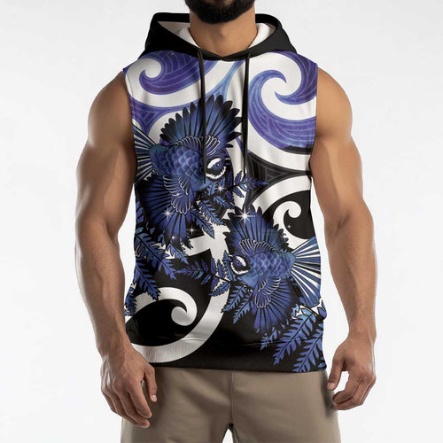 Piwakawaka New Zealand Matariki Sleeveless Hoodie Maori New Year Silver Fern Purple Galaxy