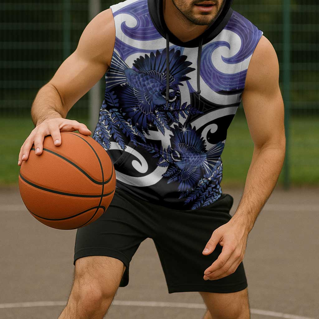 Piwakawaka New Zealand Matariki Sleeveless Hoodie Maori New Year Silver Fern Purple Galaxy