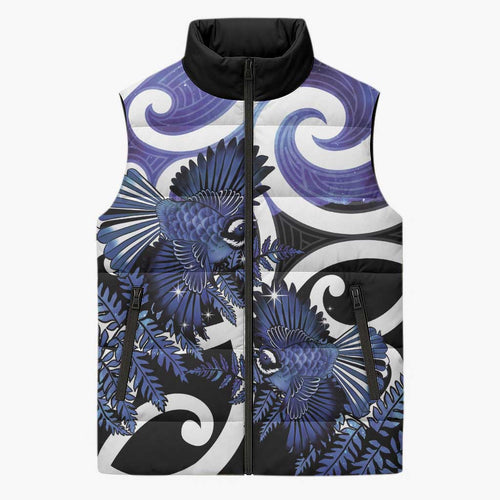 Piwakawaka New Zealand Matariki Sleeveless Puffer Jacket Maori New Year Silver Fern Purple Galaxy