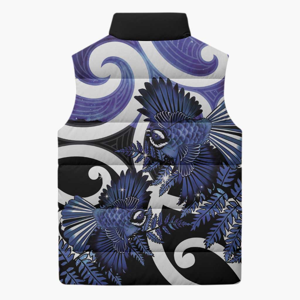 Piwakawaka New Zealand Matariki Sleeveless Puffer Jacket Maori New Year Silver Fern Purple Galaxy