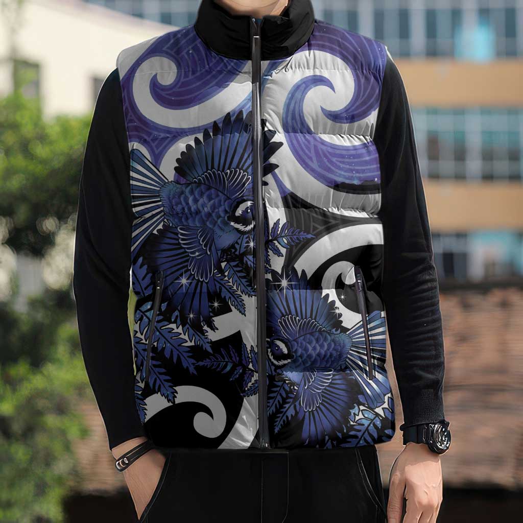 Piwakawaka New Zealand Matariki Sleeveless Puffer Jacket Maori New Year Silver Fern Purple Galaxy