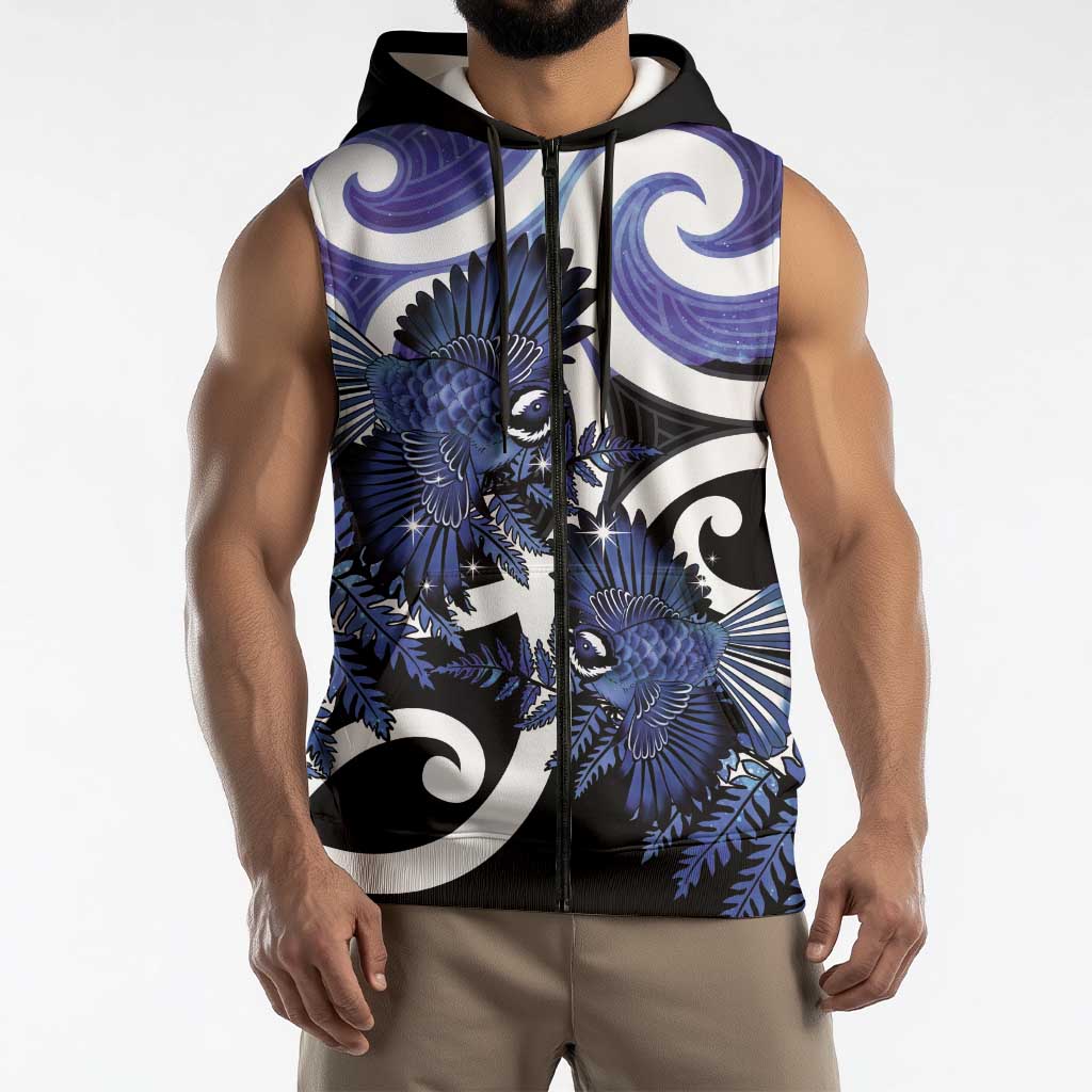 Piwakawaka New Zealand Matariki Sleeveless Zip Hoodie Maori New Year Silver Fern Purple Galaxy