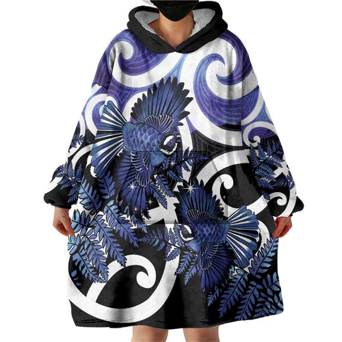 Piwakawaka New Zealand Matariki Wearable Blanket Hoodie Maori New Year Silver Fern Purple Galaxy