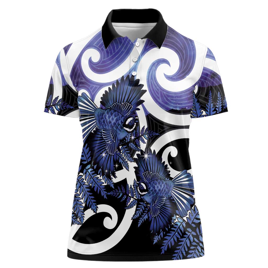 Piwakawaka New Zealand Matariki Women Polo Shirt Maori New Year Silver Fern Purple Galaxy