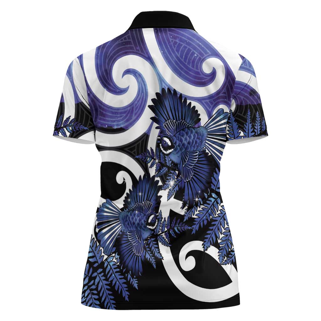 Piwakawaka New Zealand Matariki Women Polo Shirt Maori New Year Silver Fern Purple Galaxy