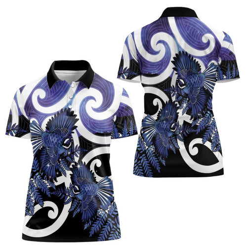Piwakawaka New Zealand Matariki Women Polo Shirt Maori New Year Silver Fern Purple Galaxy