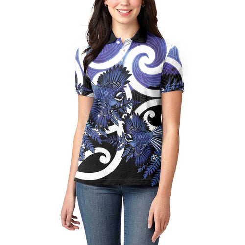 Piwakawaka New Zealand Matariki Women Polo Shirt Maori New Year Silver Fern Purple Galaxy