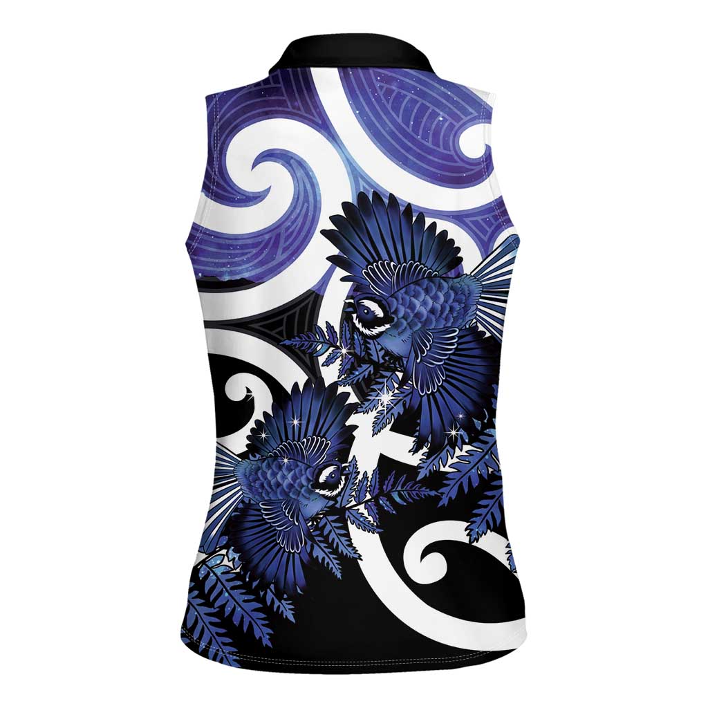 Piwakawaka New Zealand Matariki Women Sleeveless Polo Shirt Maori New Year Silver Fern Purple Galaxy