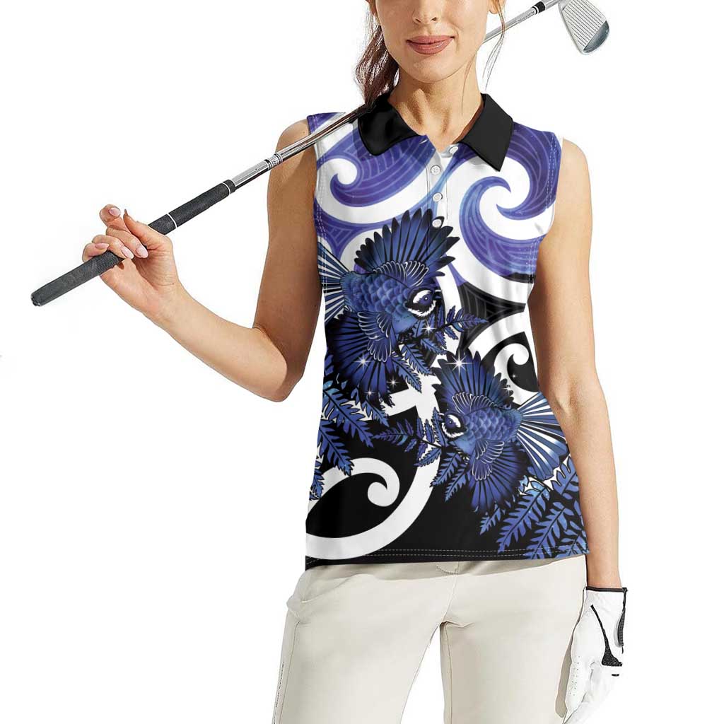 Piwakawaka New Zealand Matariki Women Sleeveless Polo Shirt Maori New Year Silver Fern Purple Galaxy
