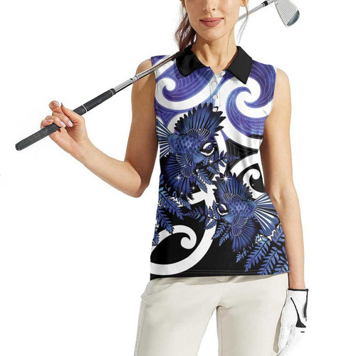 Piwakawaka New Zealand Matariki Women Sleeveless Polo Shirt Maori New Year Silver Fern Purple Galaxy