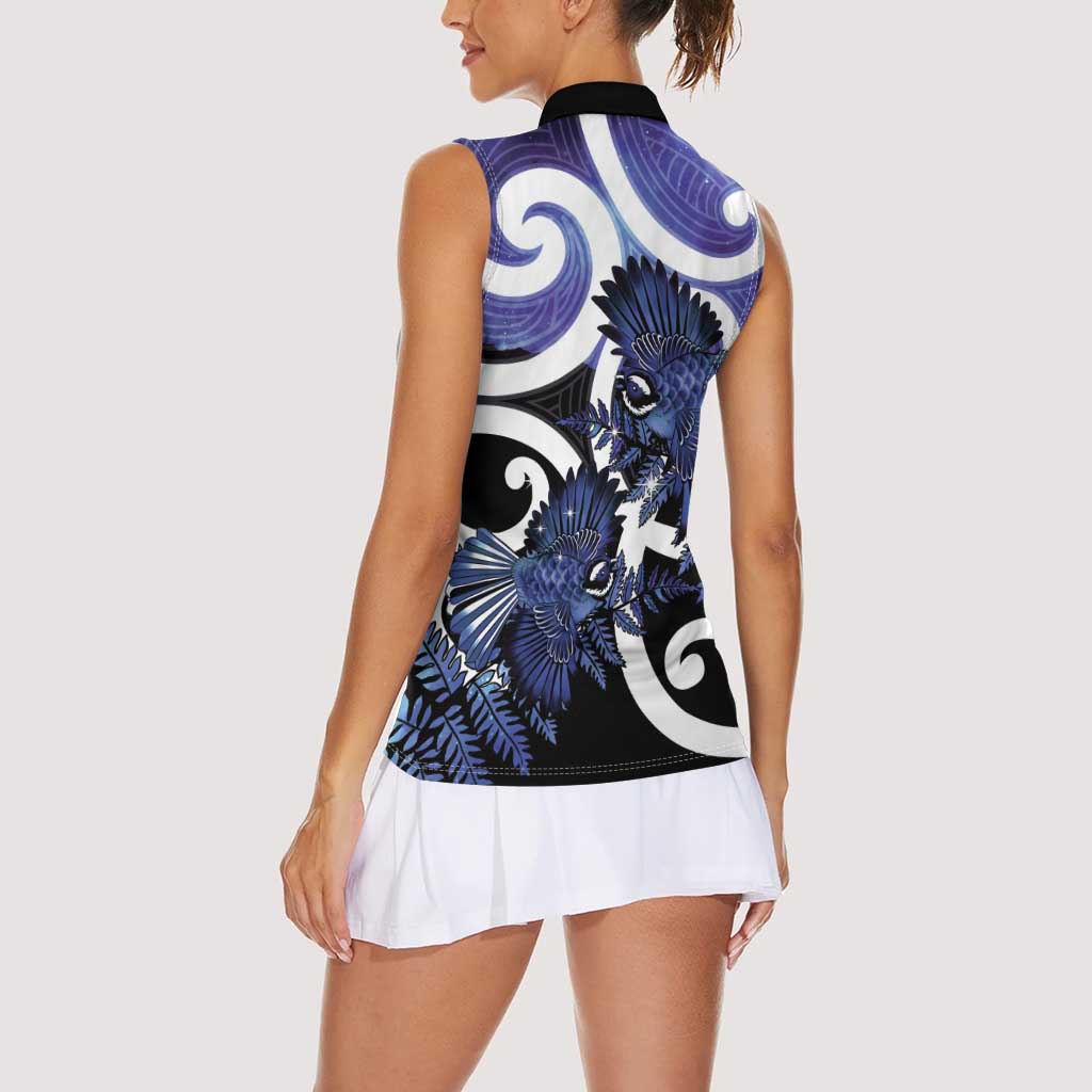 Piwakawaka New Zealand Matariki Women Sleeveless Polo Shirt Maori New Year Silver Fern Purple Galaxy
