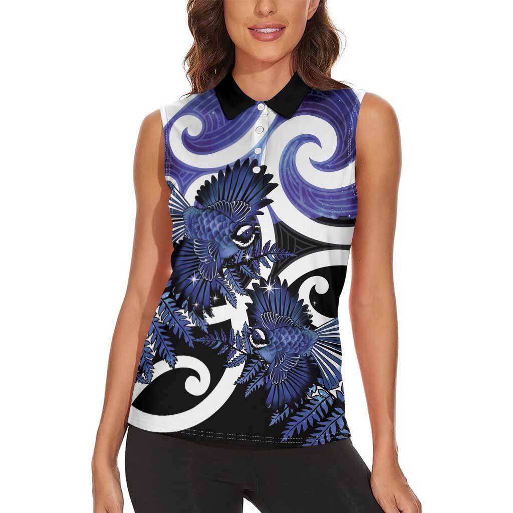 Piwakawaka New Zealand Matariki Women Sleeveless Polo Shirt Maori New Year Silver Fern Purple Galaxy