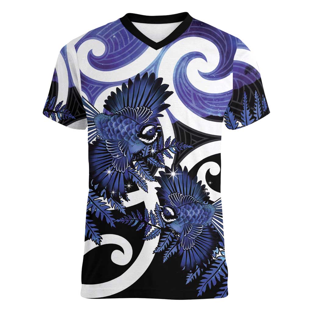 Piwakawaka New Zealand Matariki Women V-Neck T-Shirt Maori New Year Silver Fern Purple Galaxy