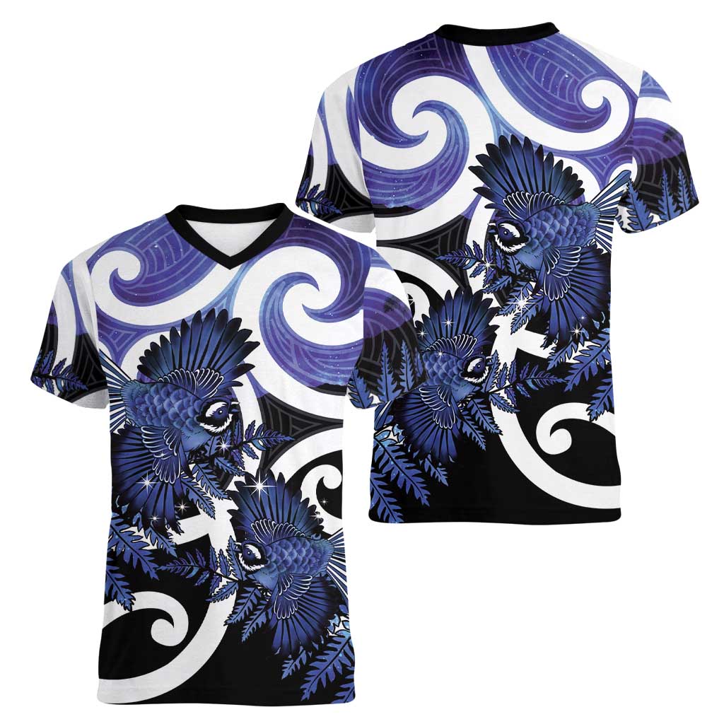 Piwakawaka New Zealand Matariki Women V-Neck T-Shirt Maori New Year Silver Fern Purple Galaxy