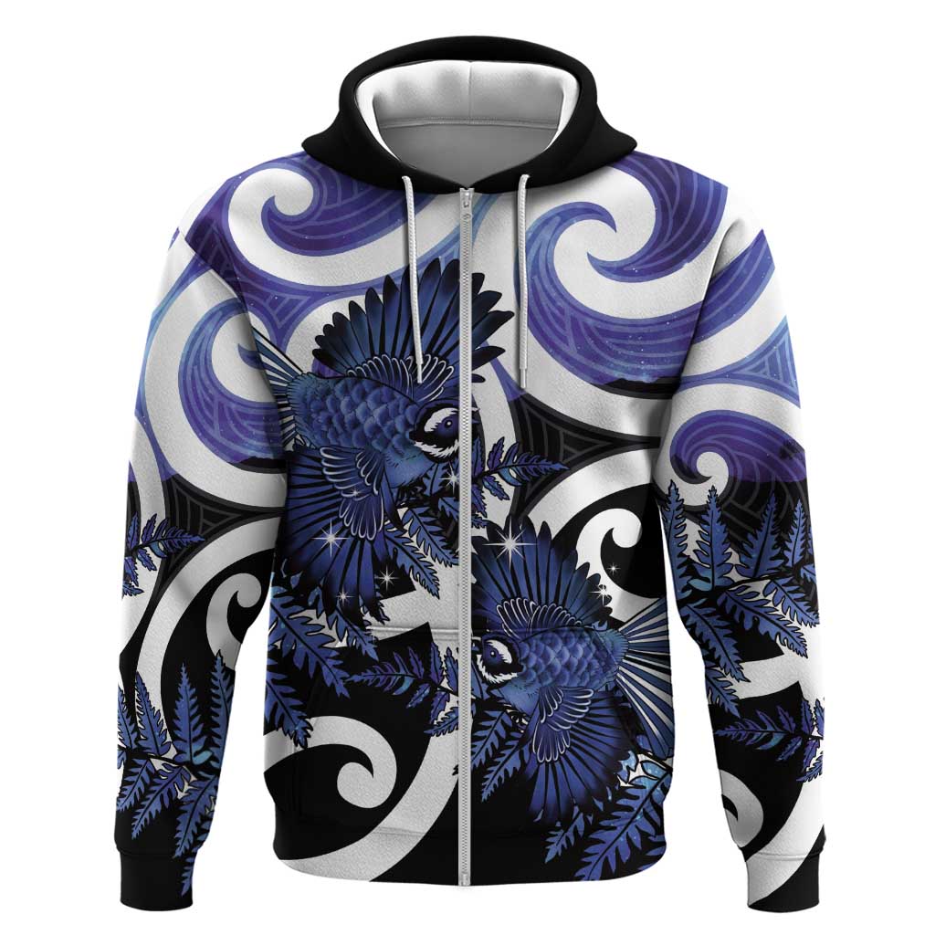 Piwakawaka New Zealand Matariki Zip Hoodie Maori New Year Silver Fern Purple Galaxy