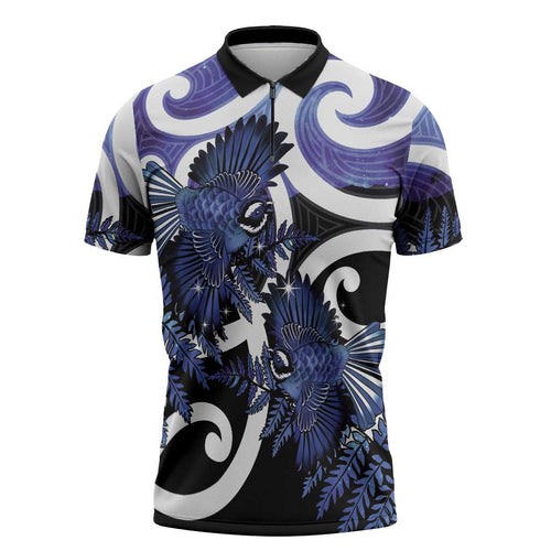 Piwakawaka New Zealand Matariki Zipper Polo Shirt Maori New Year Silver Fern Purple Galaxy