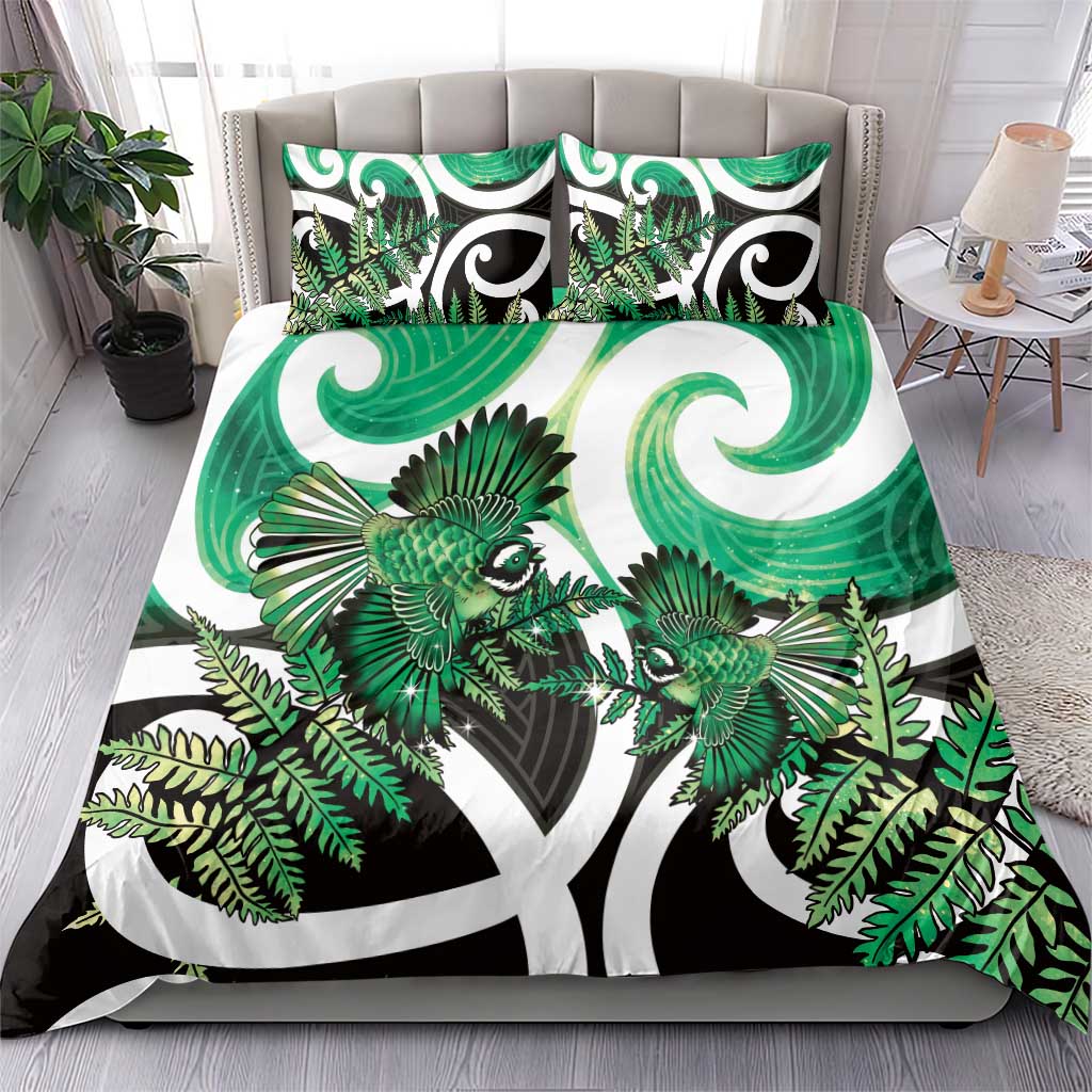 Piwakawaka New Zealand Matariki Bedding Set Maori New Year Silver Fern Green Galaxy