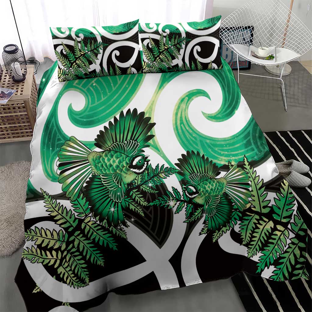 Piwakawaka New Zealand Matariki Bedding Set Maori New Year Silver Fern Green Galaxy