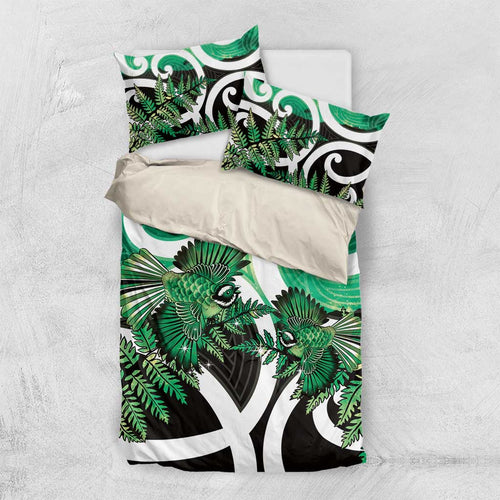 Piwakawaka New Zealand Matariki Bedding Set Maori New Year Silver Fern Green Galaxy