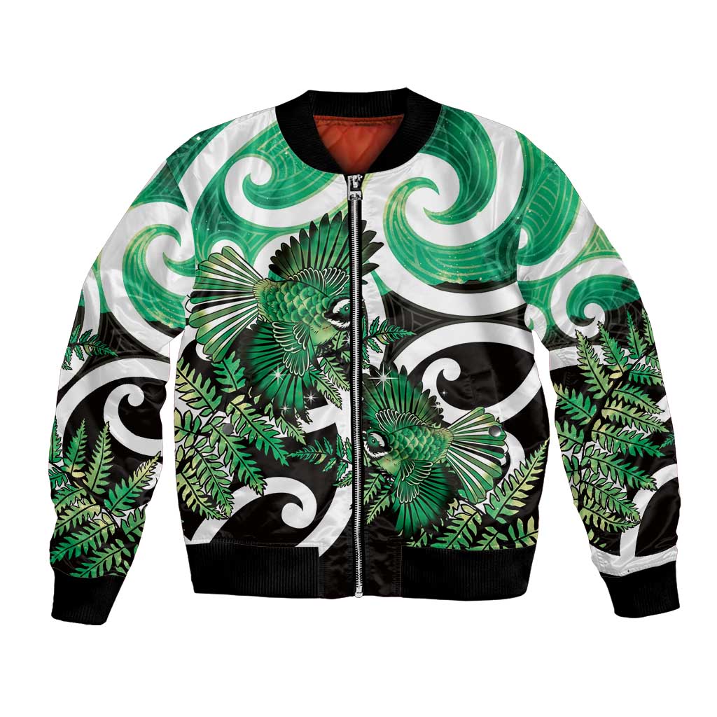 Piwakawaka New Zealand Matariki Bomber Jacket Maori New Year Silver Fern Green Galaxy