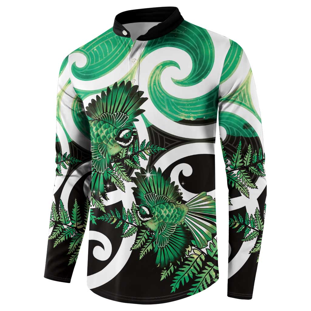 Piwakawaka New Zealand Matariki Button Sweatshirt Maori New Year Silver Fern Green Galaxy