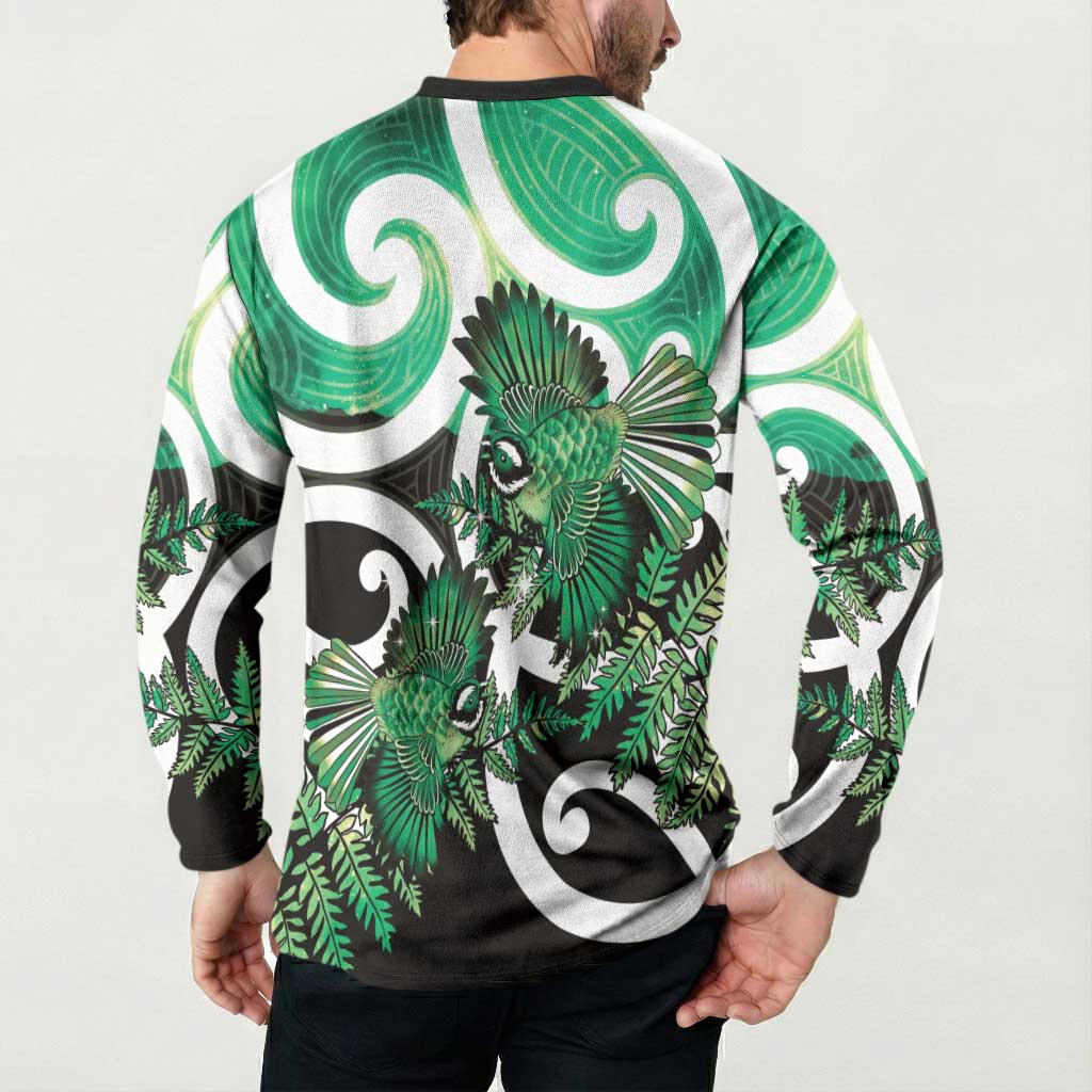 Piwakawaka New Zealand Matariki Button Sweatshirt Maori New Year Silver Fern Green Galaxy