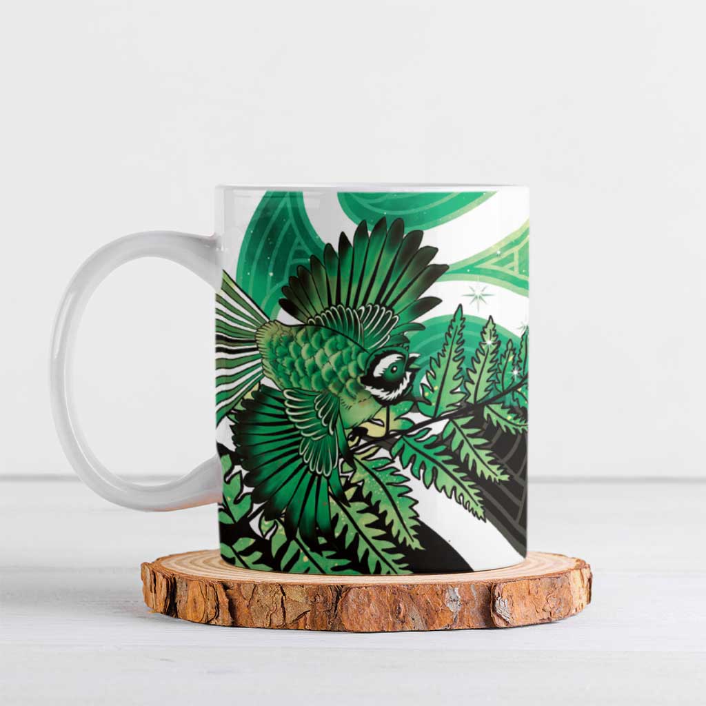 Piwakawaka New Zealand Matariki Ceramic Mug Maori New Year Silver Fern Green Galaxy