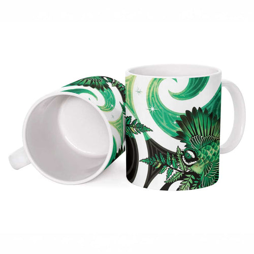 Piwakawaka New Zealand Matariki Ceramic Mug Maori New Year Silver Fern Green Galaxy