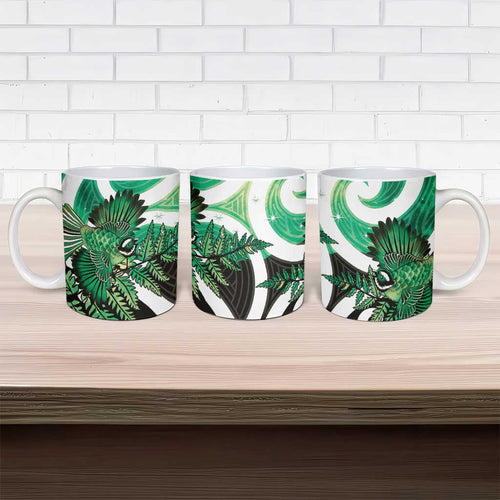 Piwakawaka New Zealand Matariki Ceramic Mug Maori New Year Silver Fern Green Galaxy