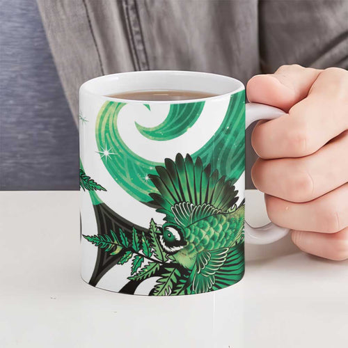 Piwakawaka New Zealand Matariki Ceramic Mug Maori New Year Silver Fern Green Galaxy