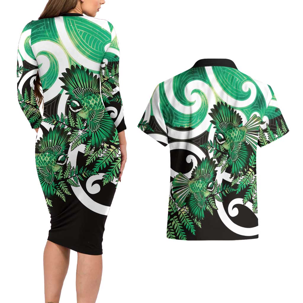 Piwakawaka New Zealand Matariki Couples Matching Long Sleeve Bodycon Dress and Hawaiian Shirt Maori New Year Silver Fern Green Galaxy
