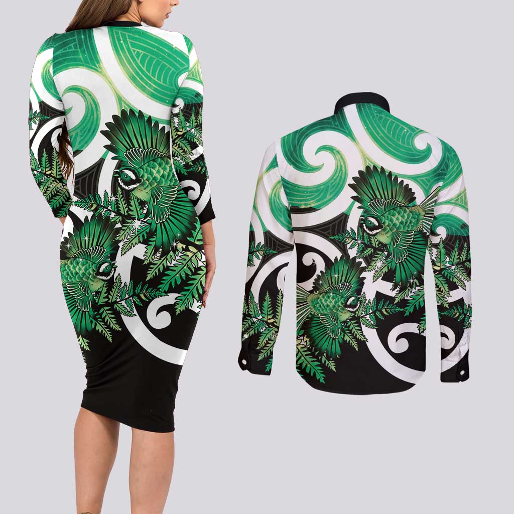 Piwakawaka New Zealand Matariki Couples Matching Long Sleeve Bodycon Dress and Long Sleeve Button Shirt Maori New Year Silver Fern Green Galaxy