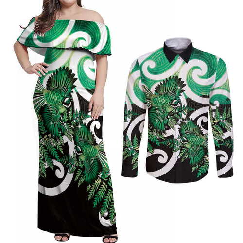 Piwakawaka New Zealand Matariki Couples Matching Off Shoulder Maxi Dress and Long Sleeve Button Shirt Maori New Year Silver Fern Green Galaxy