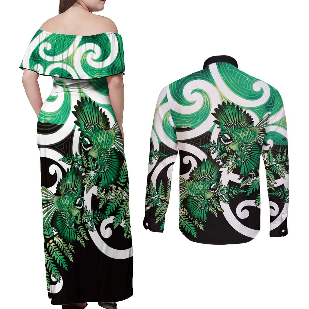 Piwakawaka New Zealand Matariki Couples Matching Off Shoulder Maxi Dress and Long Sleeve Button Shirt Maori New Year Silver Fern Green Galaxy