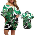 Piwakawaka New Zealand Matariki Couples Matching Off Shoulder Short Dress and Hawaiian Shirt Maori New Year Silver Fern Green Galaxy