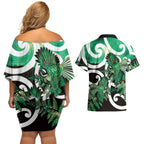 Piwakawaka New Zealand Matariki Couples Matching Off Shoulder Short Dress and Hawaiian Shirt Maori New Year Silver Fern Green Galaxy