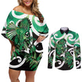 Piwakawaka New Zealand Matariki Couples Matching Off Shoulder Short Dress and Long Sleeve Button Shirt Maori New Year Silver Fern Green Galaxy