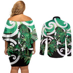 Piwakawaka New Zealand Matariki Couples Matching Off Shoulder Short Dress and Long Sleeve Button Shirt Maori New Year Silver Fern Green Galaxy