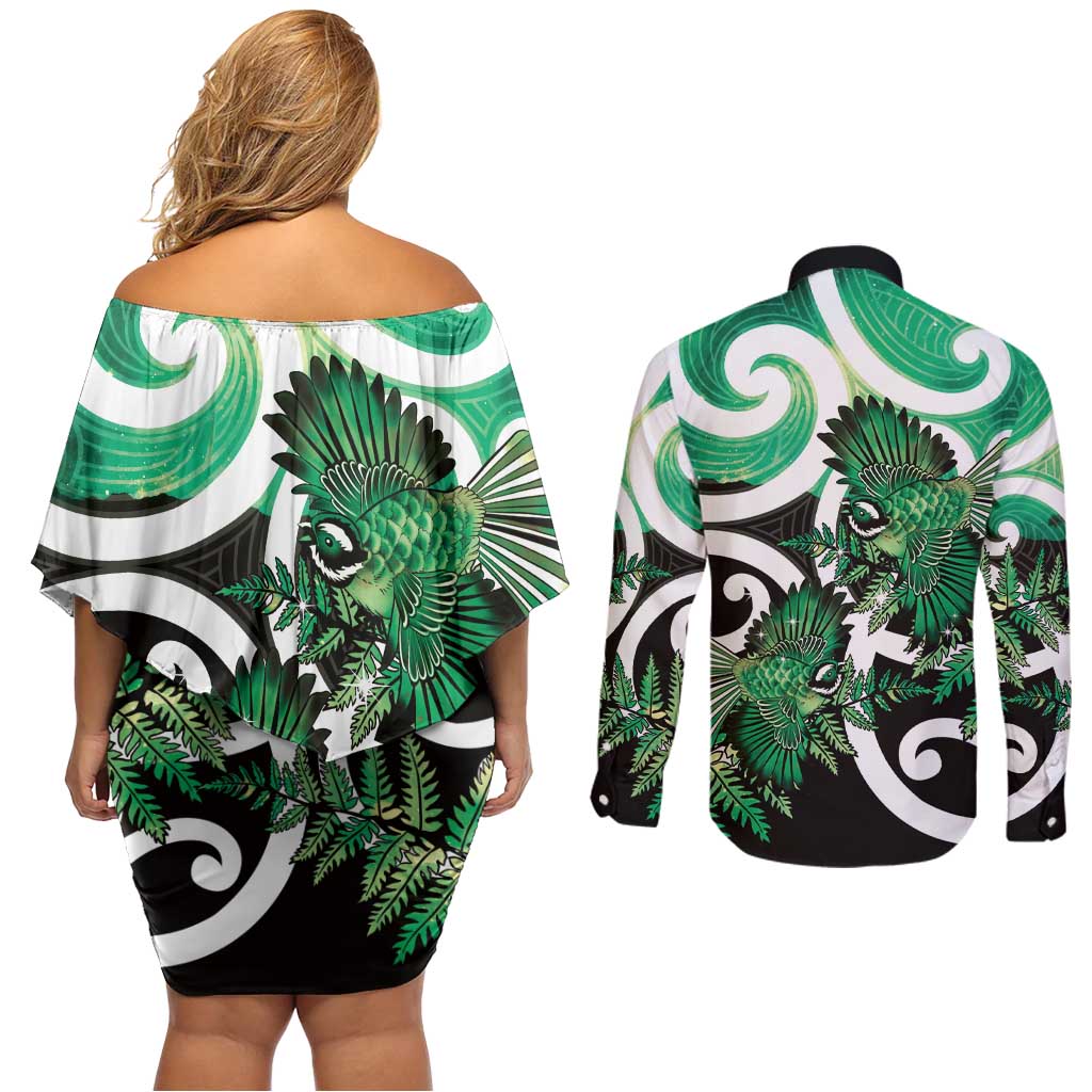 Piwakawaka New Zealand Matariki Couples Matching Off Shoulder Short Dress and Long Sleeve Button Shirt Maori New Year Silver Fern Green Galaxy