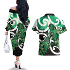 Piwakawaka New Zealand Matariki Couples Matching Off The Shoulder Long Sleeve Dress and Hawaiian Shirt Maori New Year Silver Fern Green Galaxy