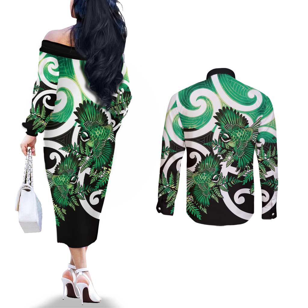 Piwakawaka New Zealand Matariki Couples Matching Off The Shoulder Long Sleeve Dress and Long Sleeve Button Shirt Maori New Year Silver Fern Green Galaxy