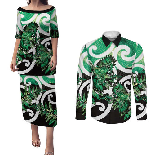 Piwakawaka New Zealand Matariki Couples Matching Puletasi and Long Sleeve Button Shirt Maori New Year Silver Fern Green Galaxy