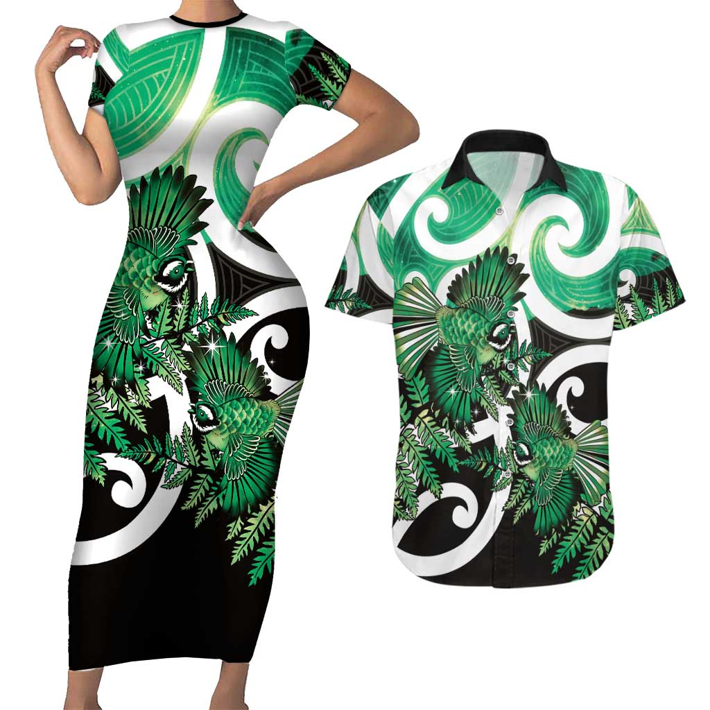 Piwakawaka New Zealand Matariki Couples Matching Short Sleeve Bodycon Dress and Hawaiian Shirt Maori New Year Silver Fern Green Galaxy