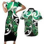 Piwakawaka New Zealand Matariki Couples Matching Short Sleeve Bodycon Dress and Hawaiian Shirt Maori New Year Silver Fern Green Galaxy