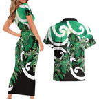 Piwakawaka New Zealand Matariki Couples Matching Short Sleeve Bodycon Dress and Hawaiian Shirt Maori New Year Silver Fern Green Galaxy