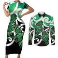 Piwakawaka New Zealand Matariki Couples Matching Short Sleeve Bodycon Dress and Long Sleeve Button Shirt Maori New Year Silver Fern Green Galaxy